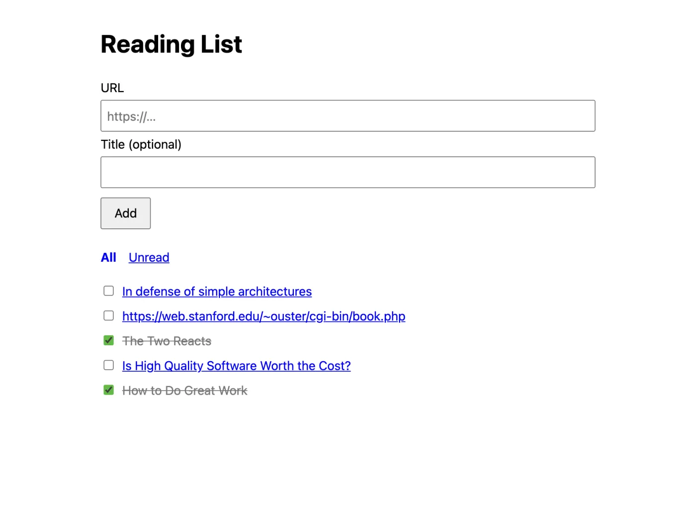 The reading-list app built with AB Method v3, all view