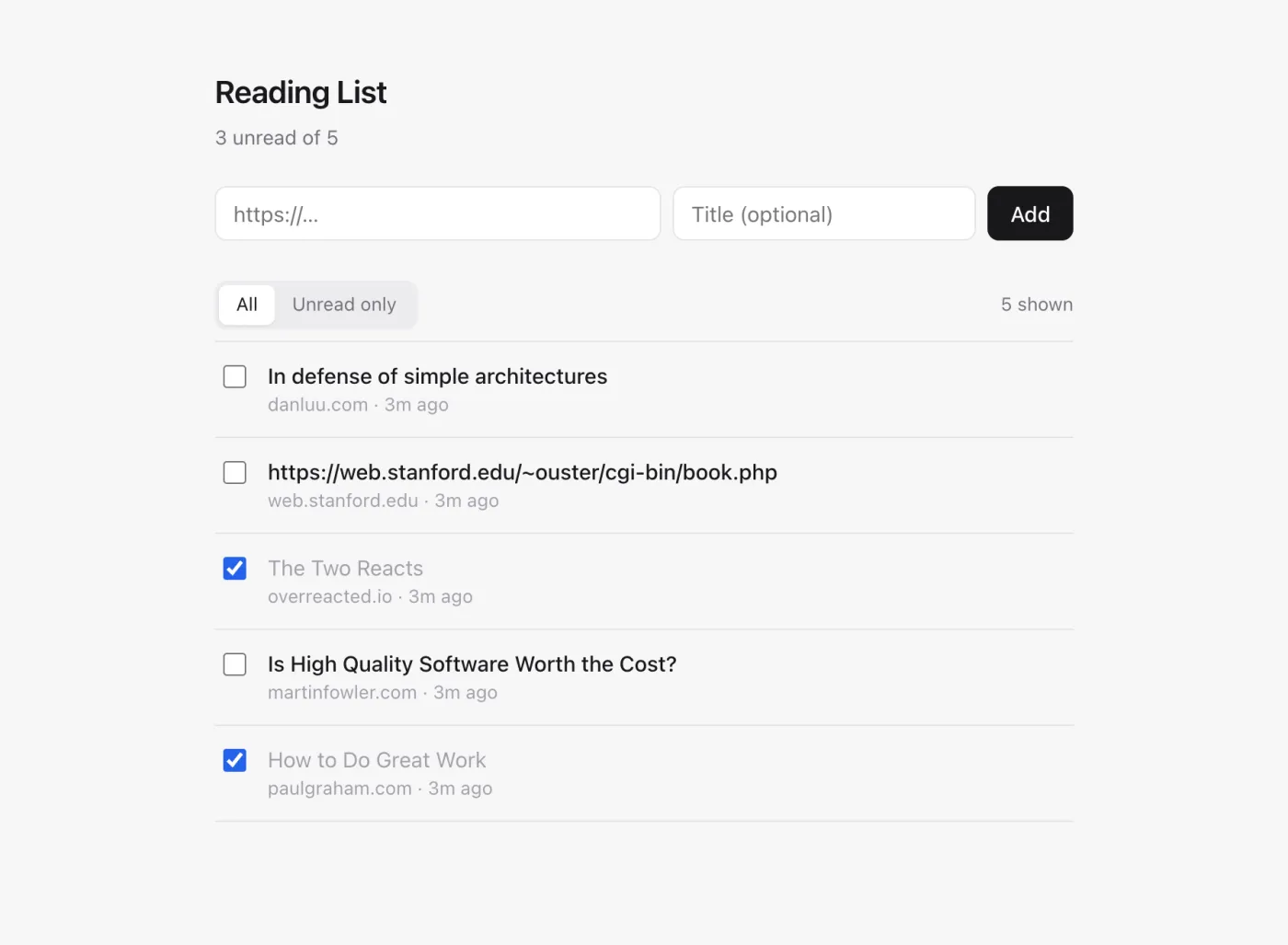 The reading-list app built with AB Method v4, all view