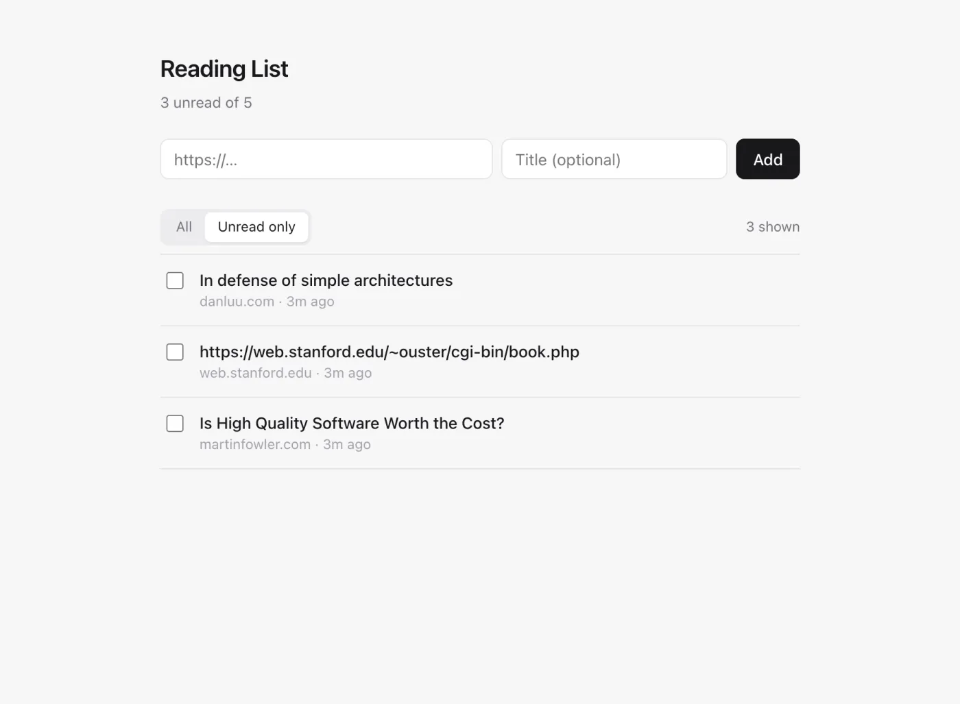 The reading-list app built with AB Method v4, unread only view
